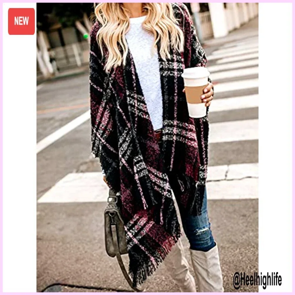 Oversized Knitted Poncho Cardigan Shawl Wrap Open Front Tassel